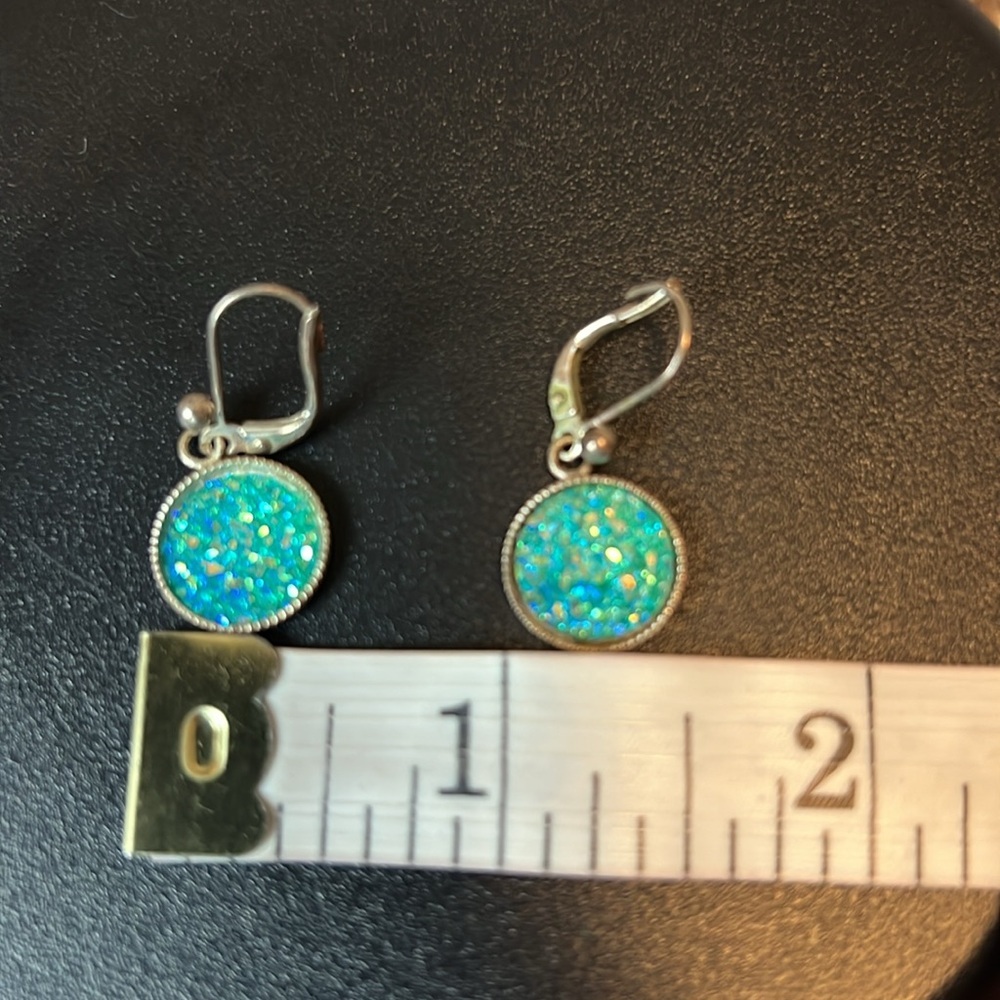 Cabochon Round Costume Bluish-Greenish Dangle Pierced Earrings - Picture 7 of 8